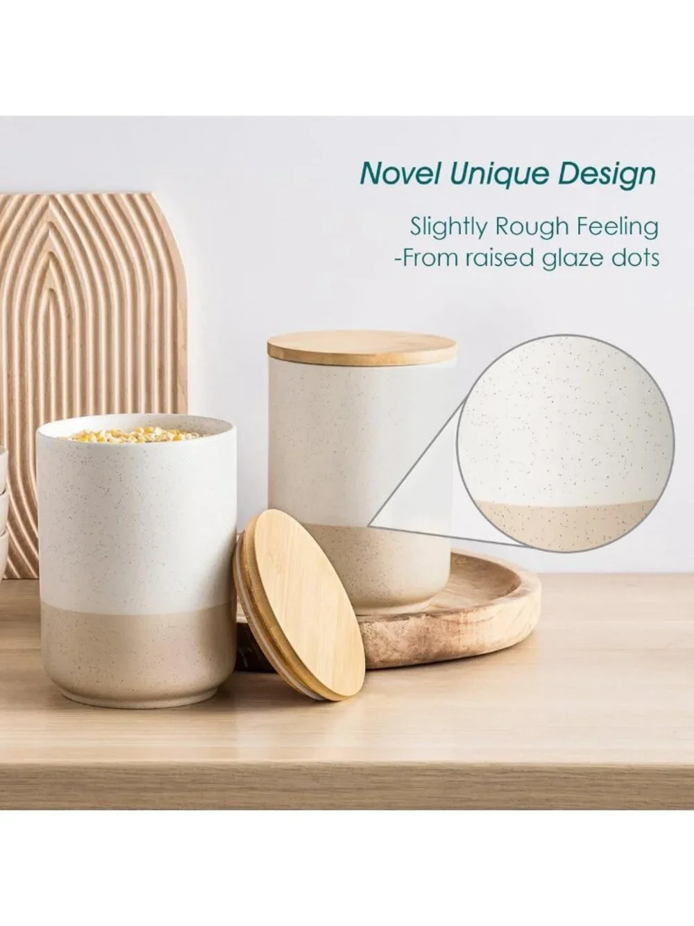 Large Ceramic Canister Set with Airtight Wood Lids - 2-Piece Kitchen Storage